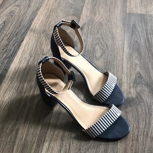 Navy and white block heels